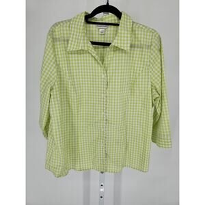 Christopher & Banks Womens Sz XL Button Up 3/4 Sleeve Top Lime Green Gingham